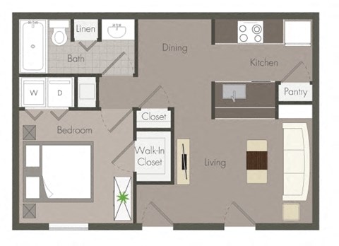 Floor plan for 1 bed, 1 bath, 669 sqft